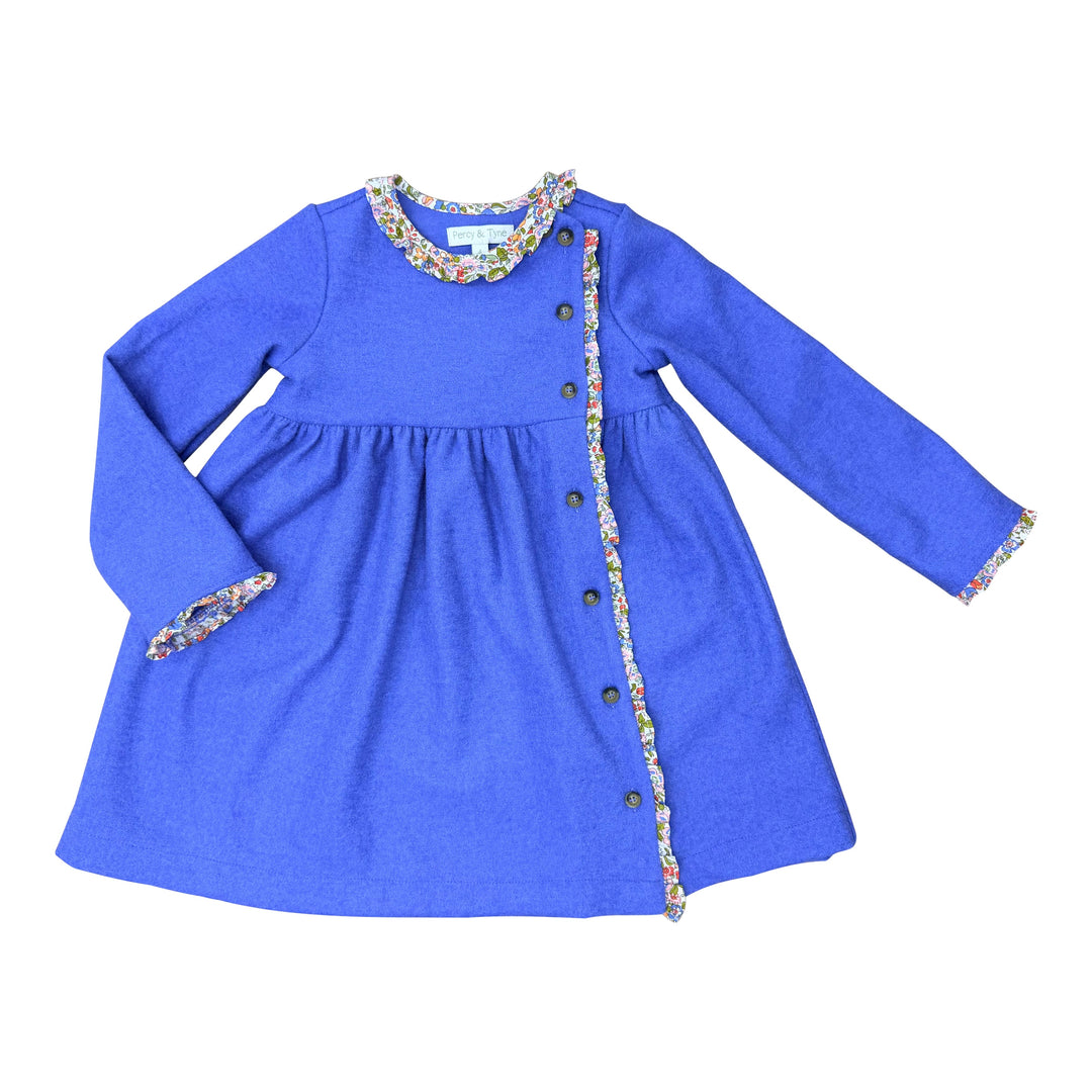 Bea Dress | Blue Wool with Pheasant Floral Ruffle - PRE-SALE